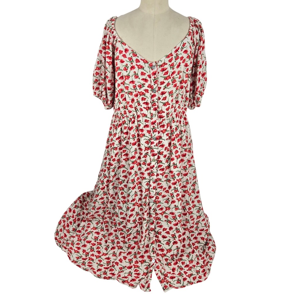 Max Floral Midi Dress Cottagecore Button Front Puff Sleeve XS Prairie Boho Chic